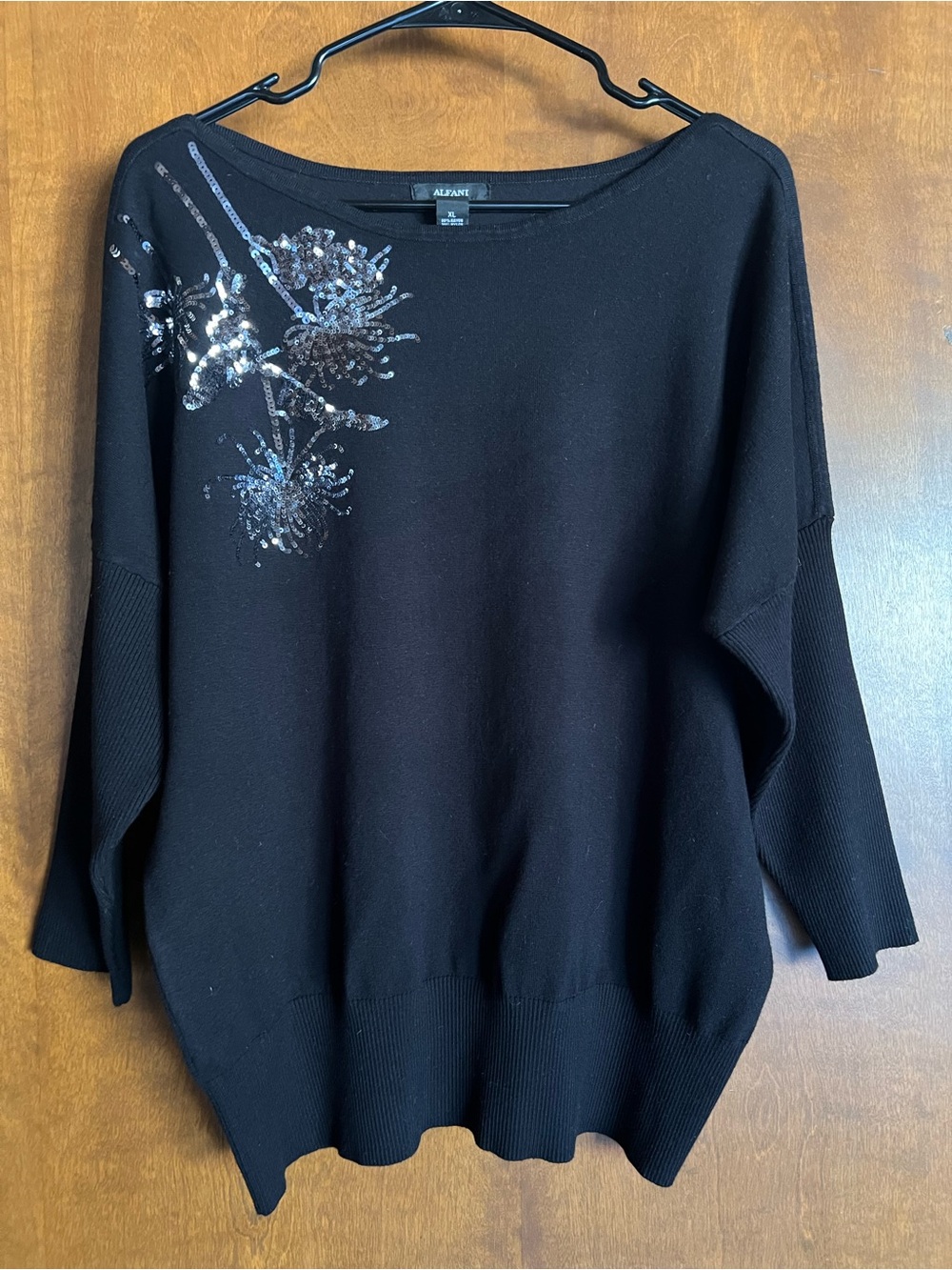 Alfani Black Crewneck Sweater with Sequin Floral Accent